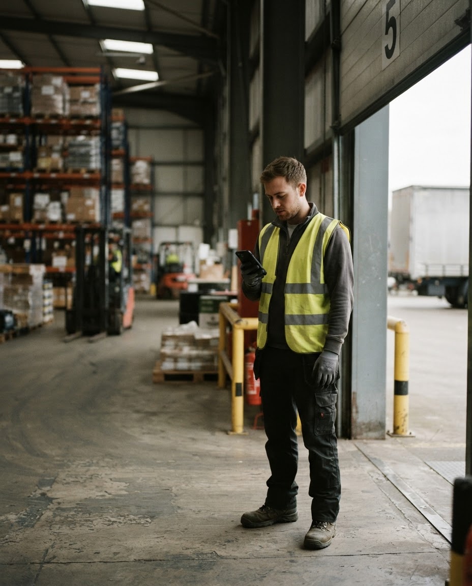 Warehouse worker in a high-visibility vest checking in for a shift on a phone